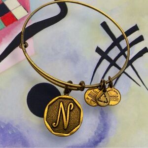 Alex and Ani Gold Tone N Monogram Adjustable Charm Bangle Bracelet